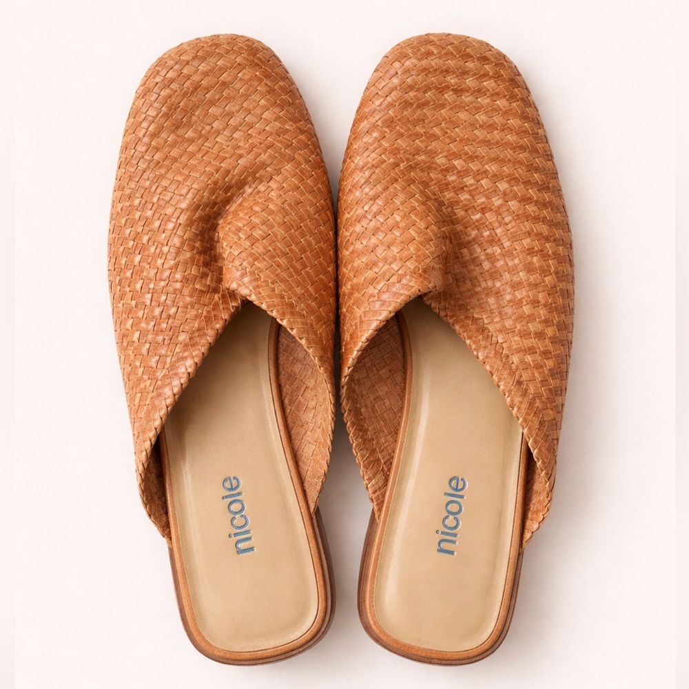 Nicole Woven Cognac Brown Slip-On Mules